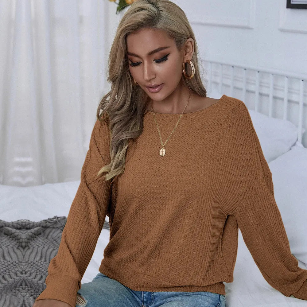 Women's loose casual backless long sleeve pullover in solid brown polyester with drop shoulders