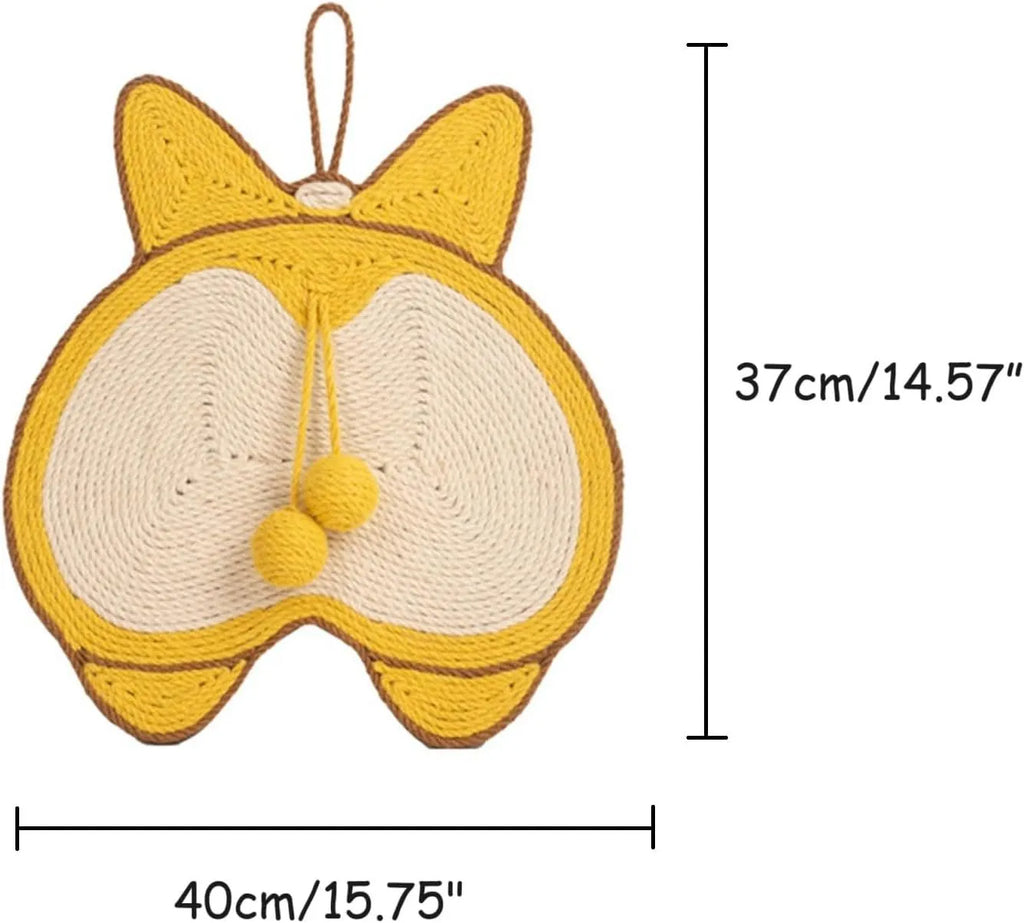 Yellow Corgi butt design sisal cat scratching pad with anti-slip base on a wooden floor.