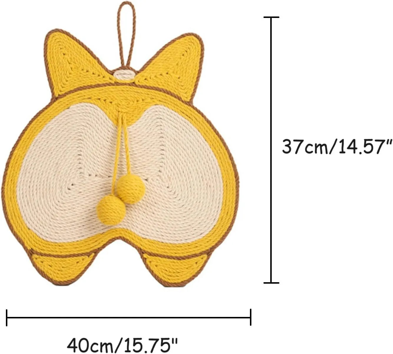 Yellow Corgi butt design sisal cat scratching pad with anti-slip base on a wooden floor.