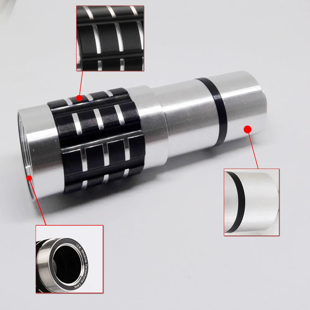 12x telescopic zoom lens with universal collar clip attached to a mobile phone for long-distance photography.