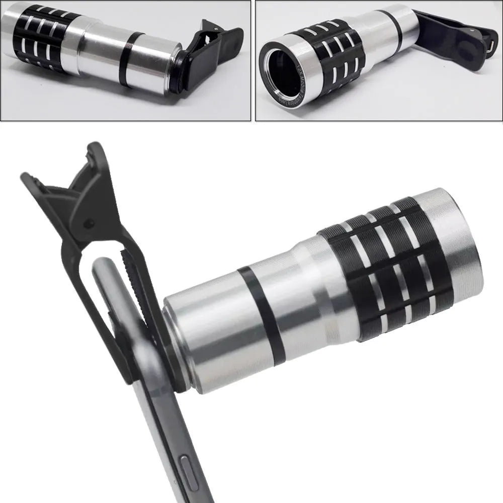 12x telescopic zoom lens with universal collar clip attached to a mobile phone for long-distance photography.