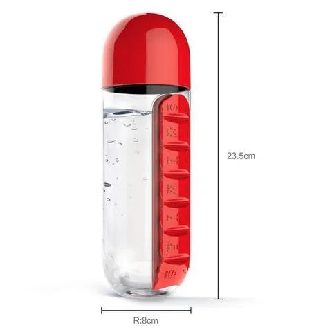 Creative wrist capsule water cup with medicine box 600ml in black, showing lid with integrated pill compartment