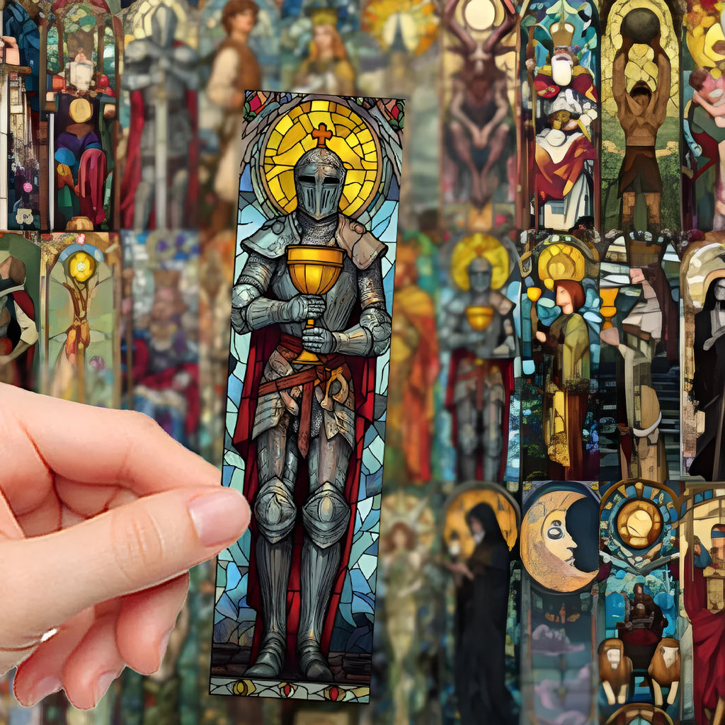 Set of 30 paper bookmarks with painted glass tarot card designs in a cute homemade style.