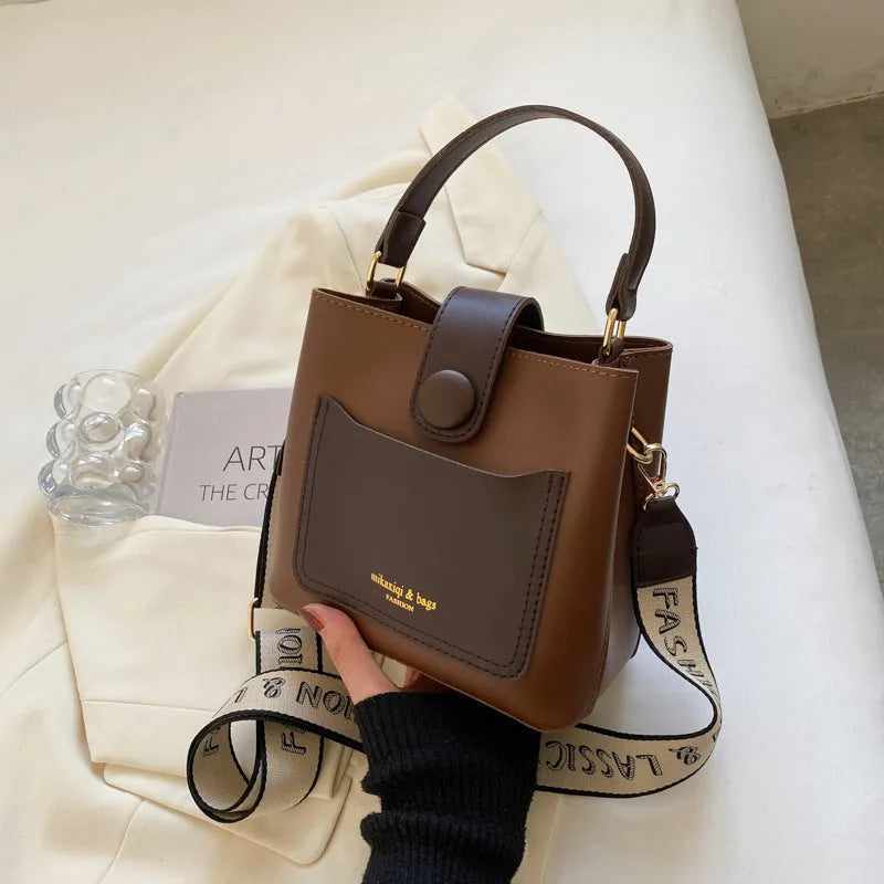 Women's PU leather crossbody bucket bag with stitching detail, urban simplicity style, available in khaki