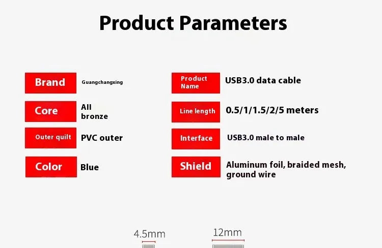 USB 3.0 data cable with nickel-plated connectors for mobile hard disk boxes
