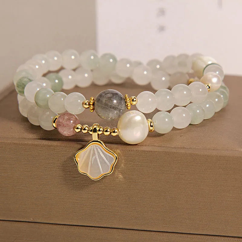 Tianshan Emerald Green Crystal Bracelet with apricot leaf pendant and gold-plated gemstone details