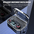 Black Bluetooth headset with earbuds and charging case showing 6mm speakers