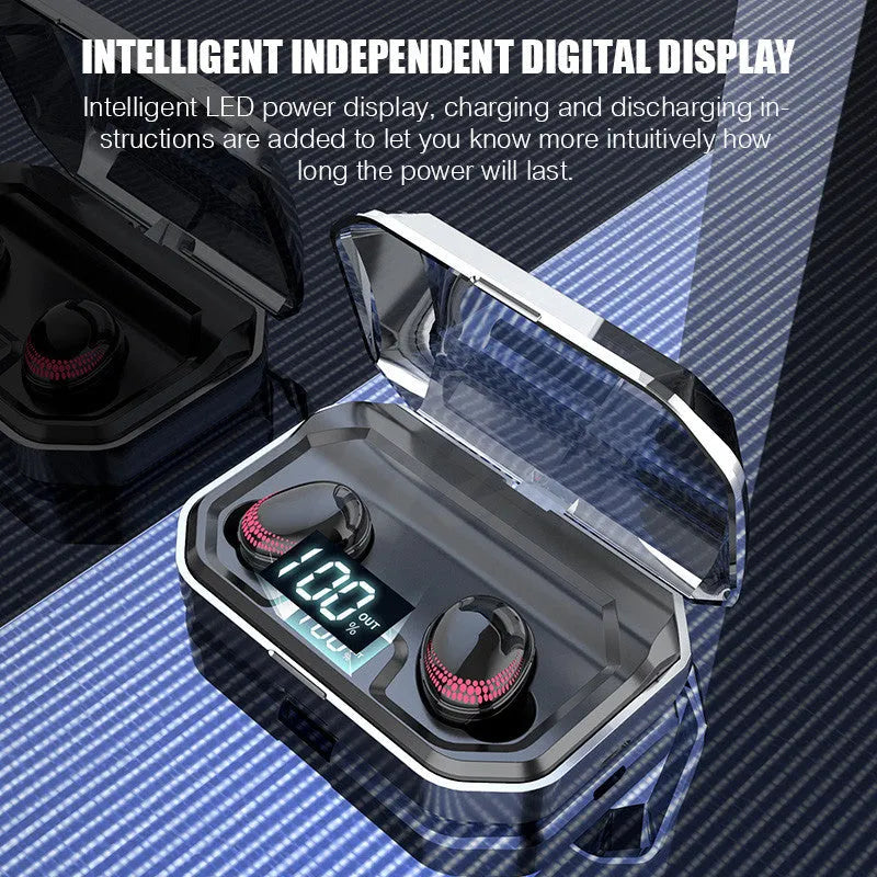 Black Bluetooth headset with earbuds and charging case showing 6mm speakers