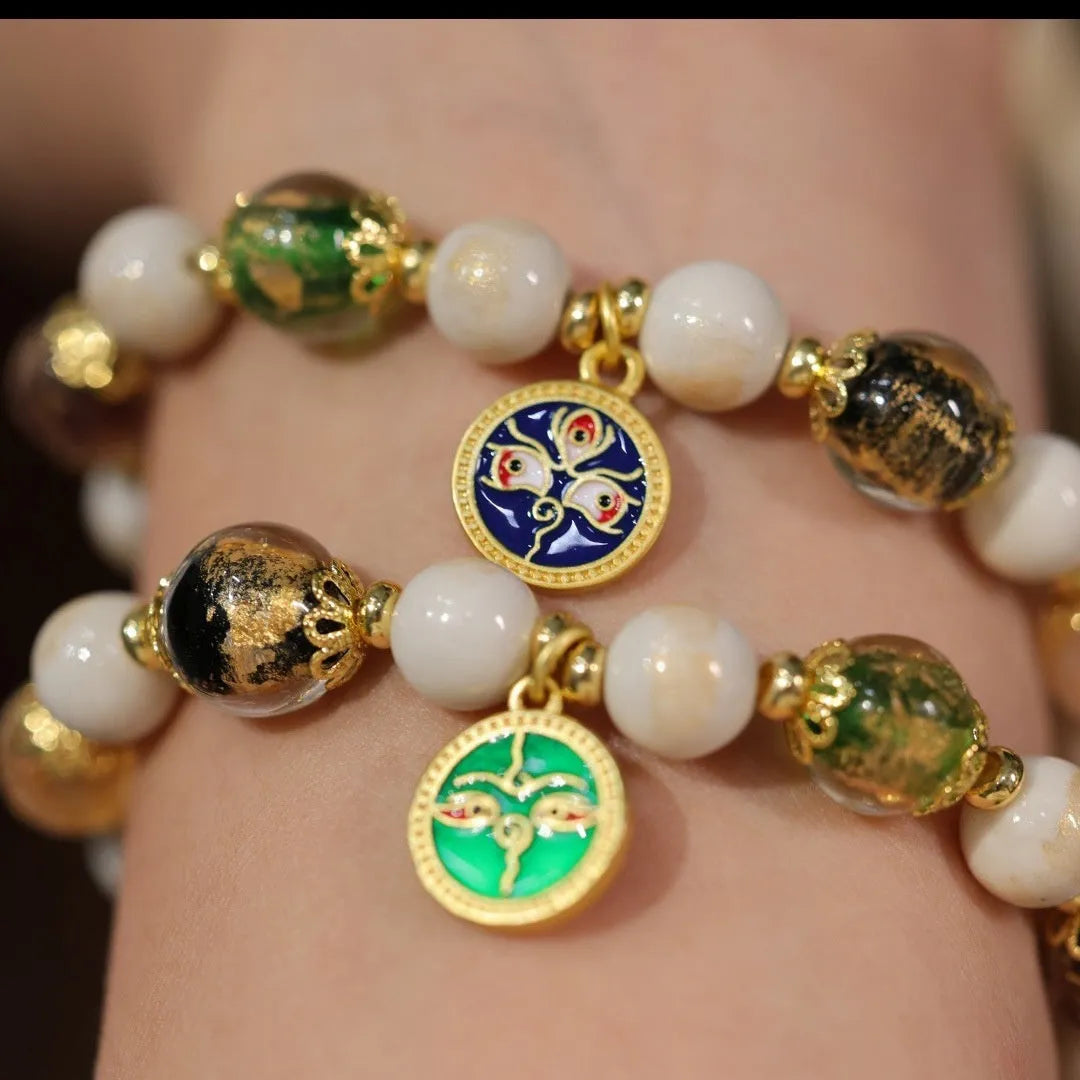 Handmade glazed bracelet with Five Gods of Wealth charm and 10mm geometric beads.