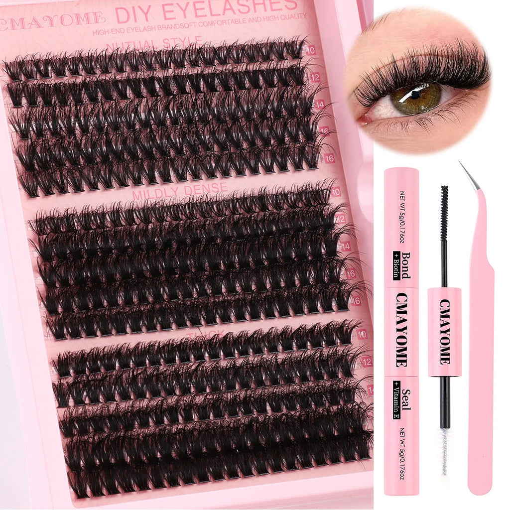DIY false eyelash extension kit with tweezers and segment cluster lashes