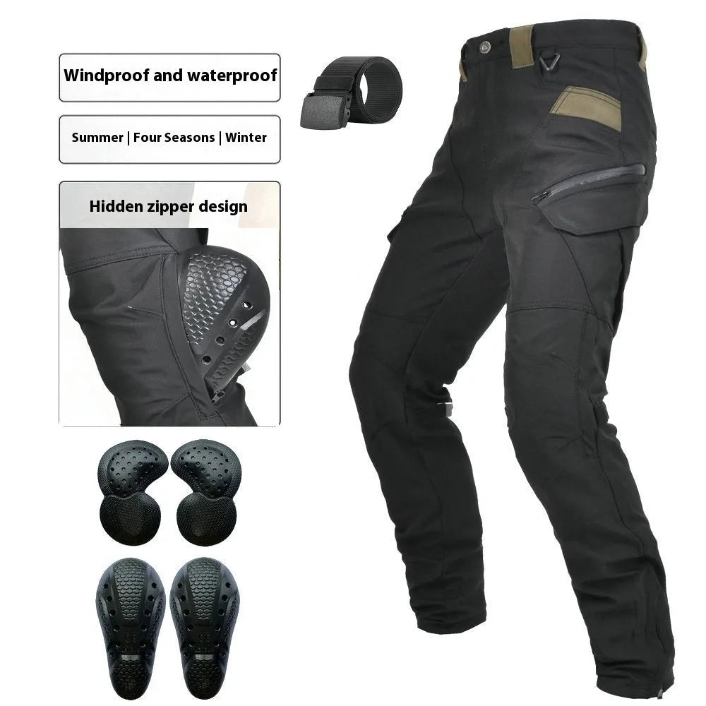 Men's solid-colour waterproof motorcycle trousers shown with a detachable belt and protective knee pads.