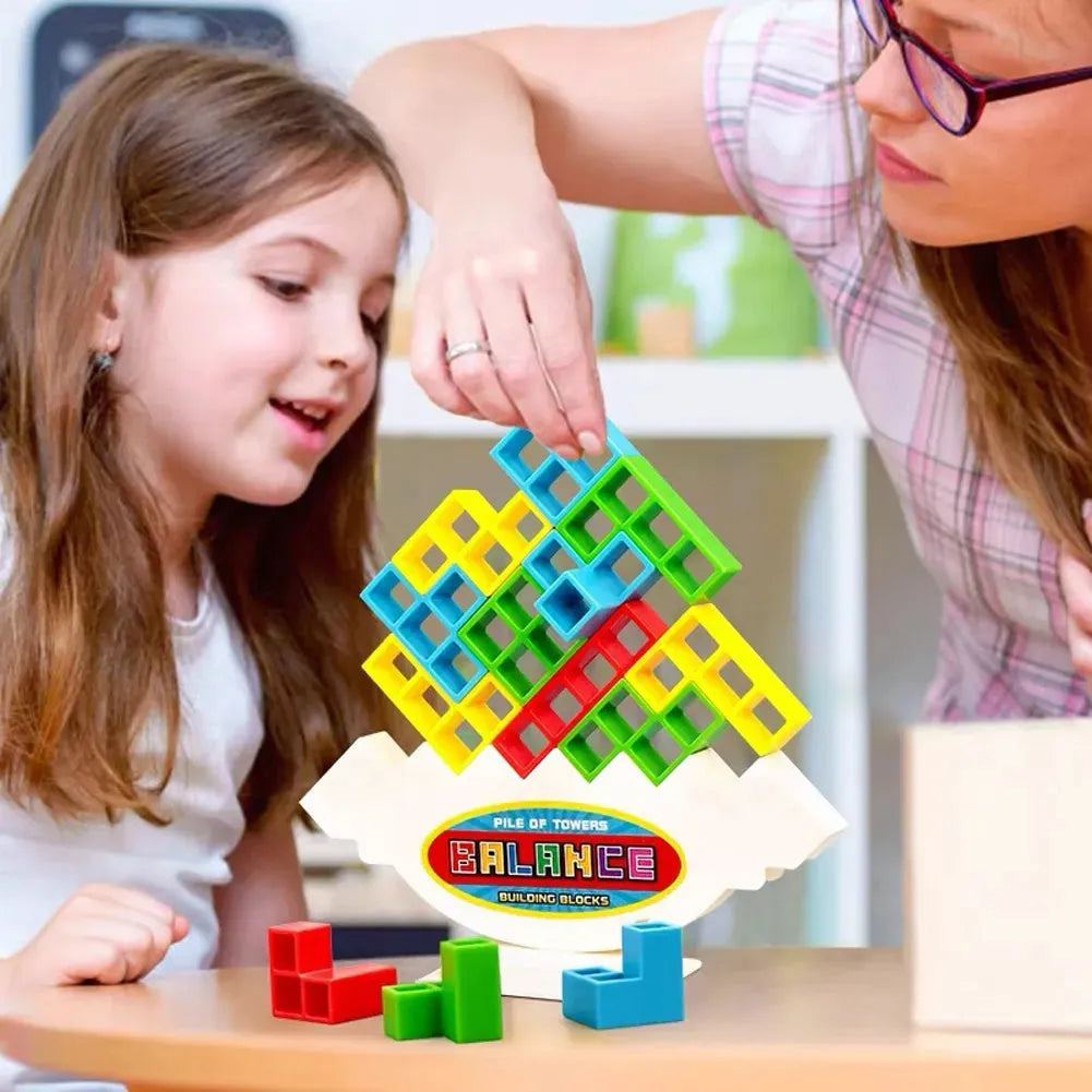 Balance stacking game set with plastic building blocks and wooden chassis