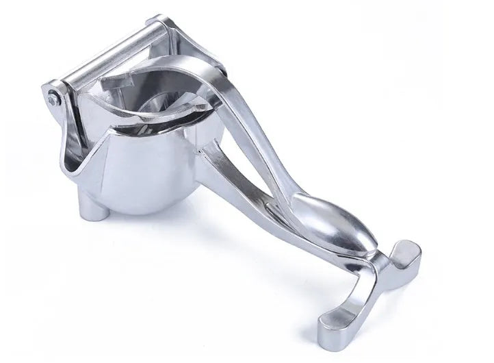 Silver heavy-duty aluminium and steel lemon squeezer press with large bowl.