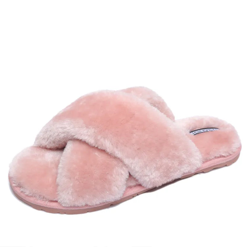 Cross open-toe fur slippers in multiple colours showing the personalised toe design and non-slip patterned sole.