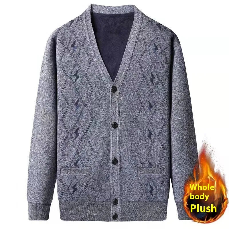 Men's grey wool-lined cardigan with batwing sleeves on a hanger