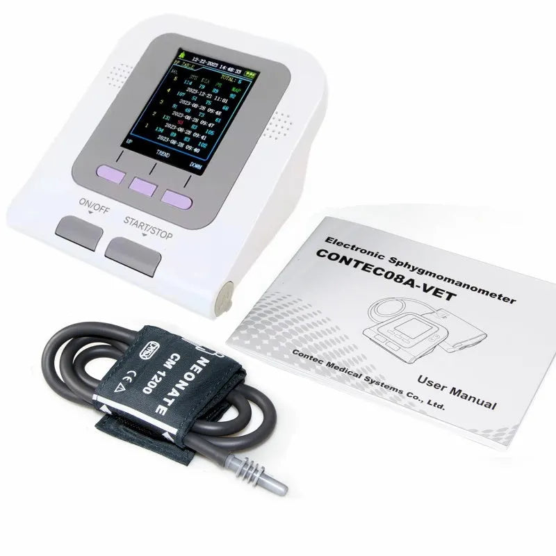 CONTEC08A veterinary digital blood pressure monitor unit with colour screen and three animal cuff sizes.