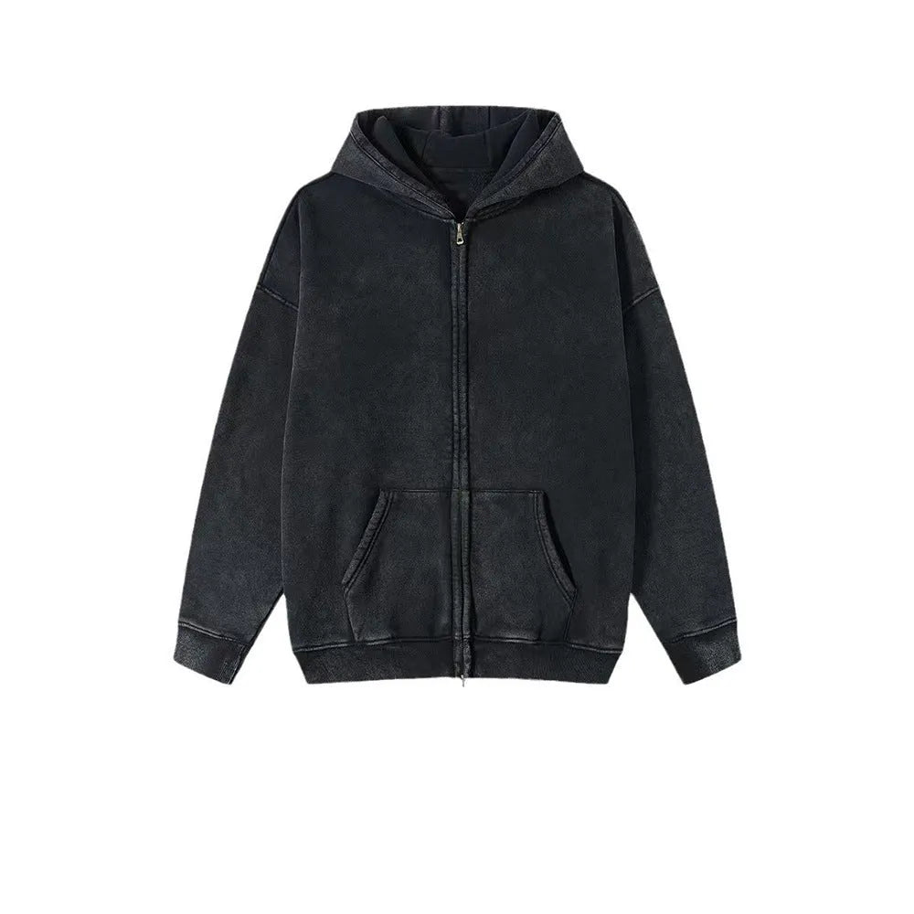 Men's washed vintage hooded cardigan sweater with a double zipper and fleece lining