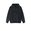 Men's washed vintage hooded cardigan sweater with a double zipper and fleece lining