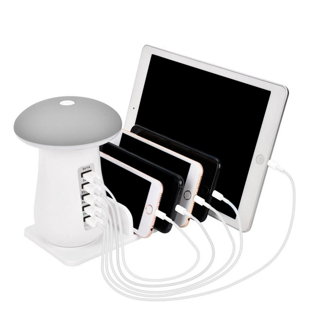 Mushroom-shaped USB charging station with 5 ports and soft LED lighting