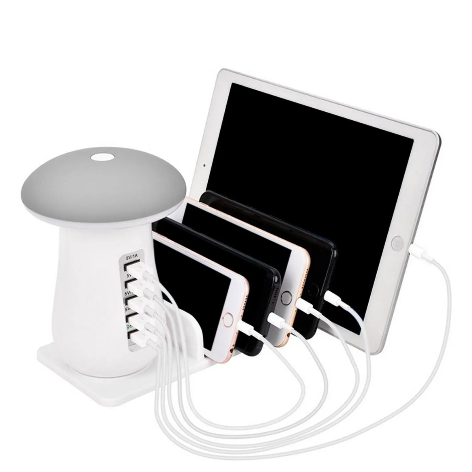 Mushroom-shaped USB charging station with 5 ports and soft LED lighting