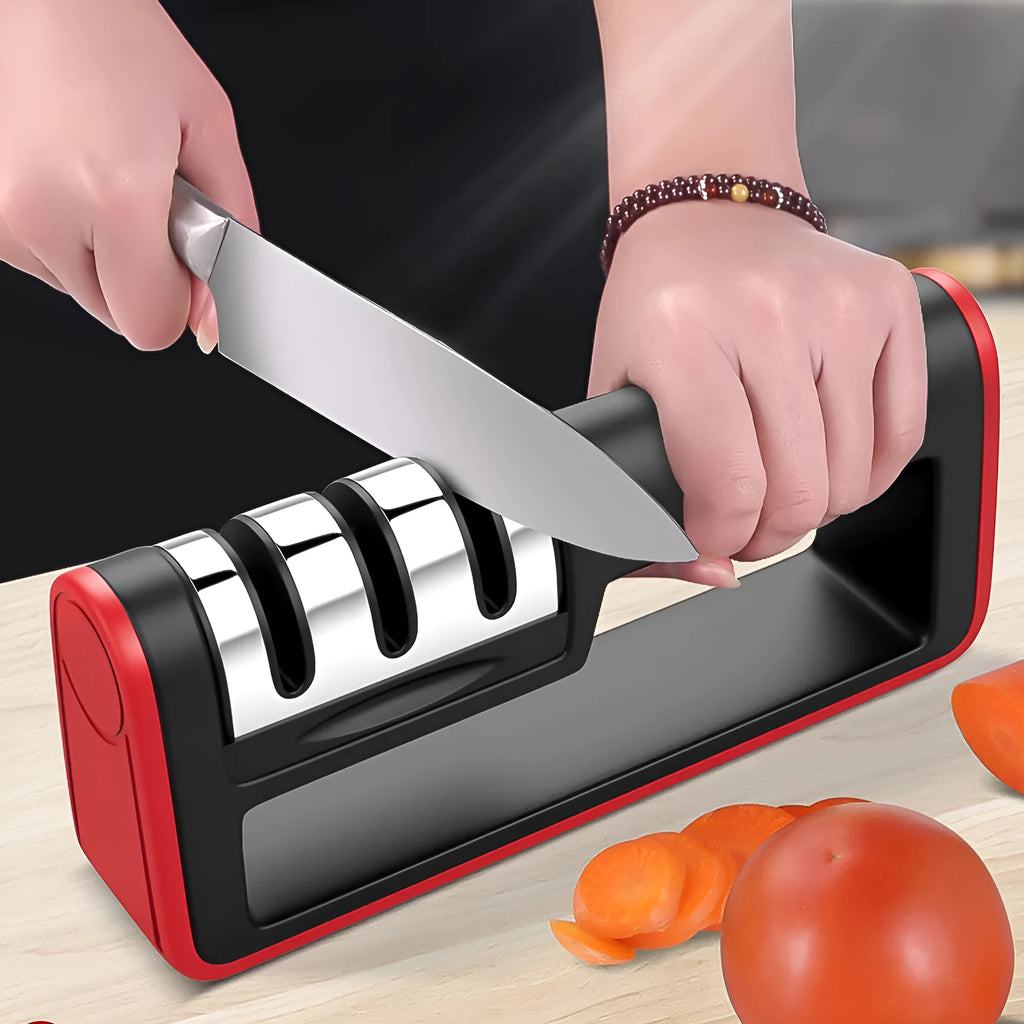 Black and red professional three-stage knife sharpener with non-skid rubber feet.
