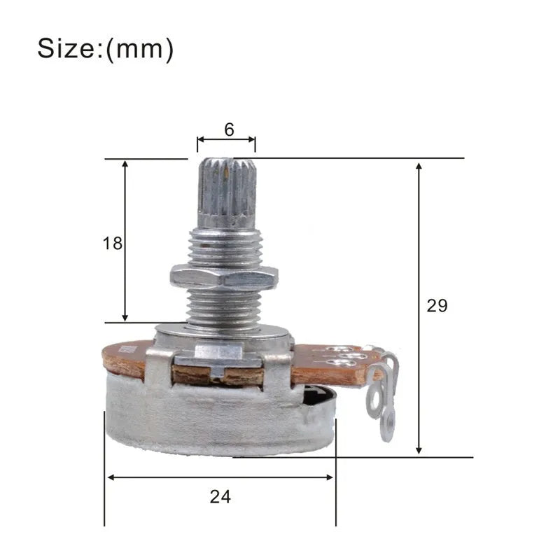 A single metal potentiometer knob for electric guitar volume and tone control.