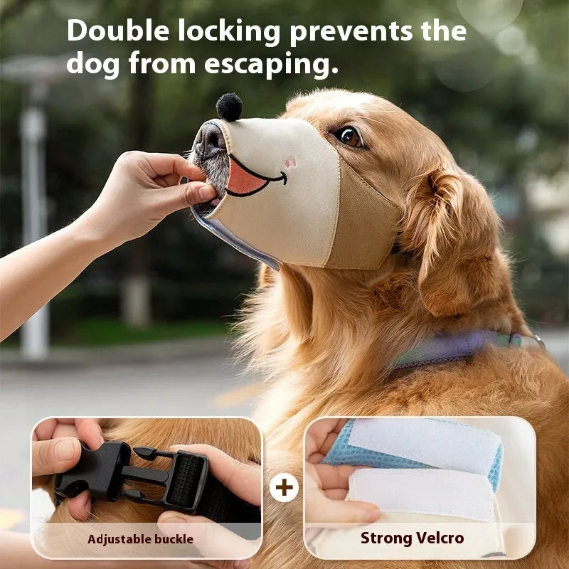 Canvas dog muzzle in Ollie Brown Bear and Bondi Blue Shark colours, showing sizes S, M, L, XL for different dog weights.