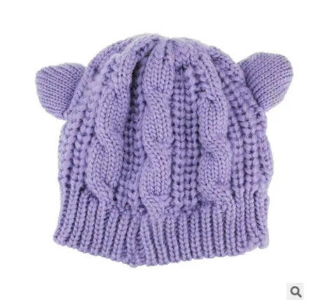 Handmade 3D cat ear knitted winter beanie in knitting wool material showing red colour option