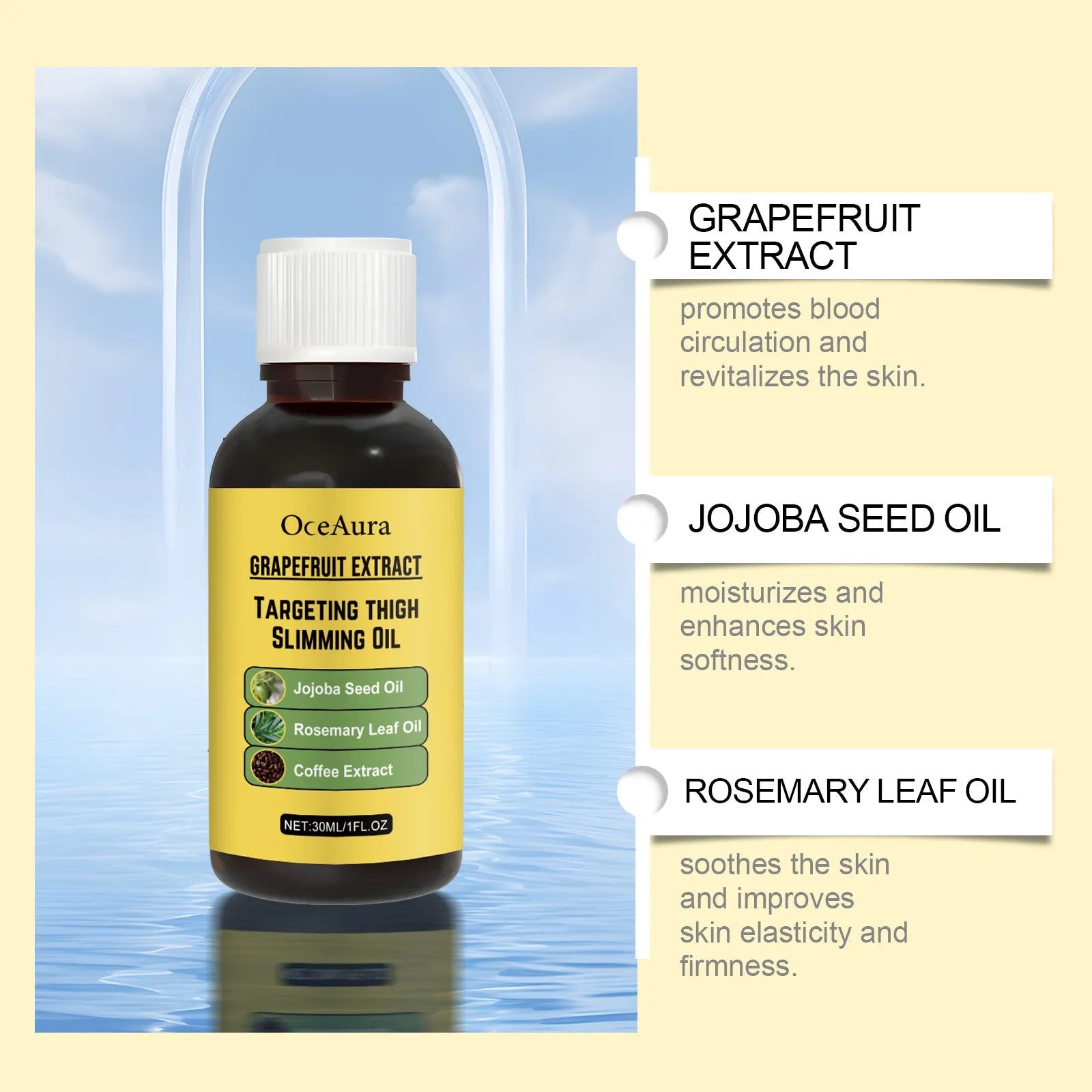 30ml bottle of body treatment oil with grapefruit extract for skin nourishing and lifting