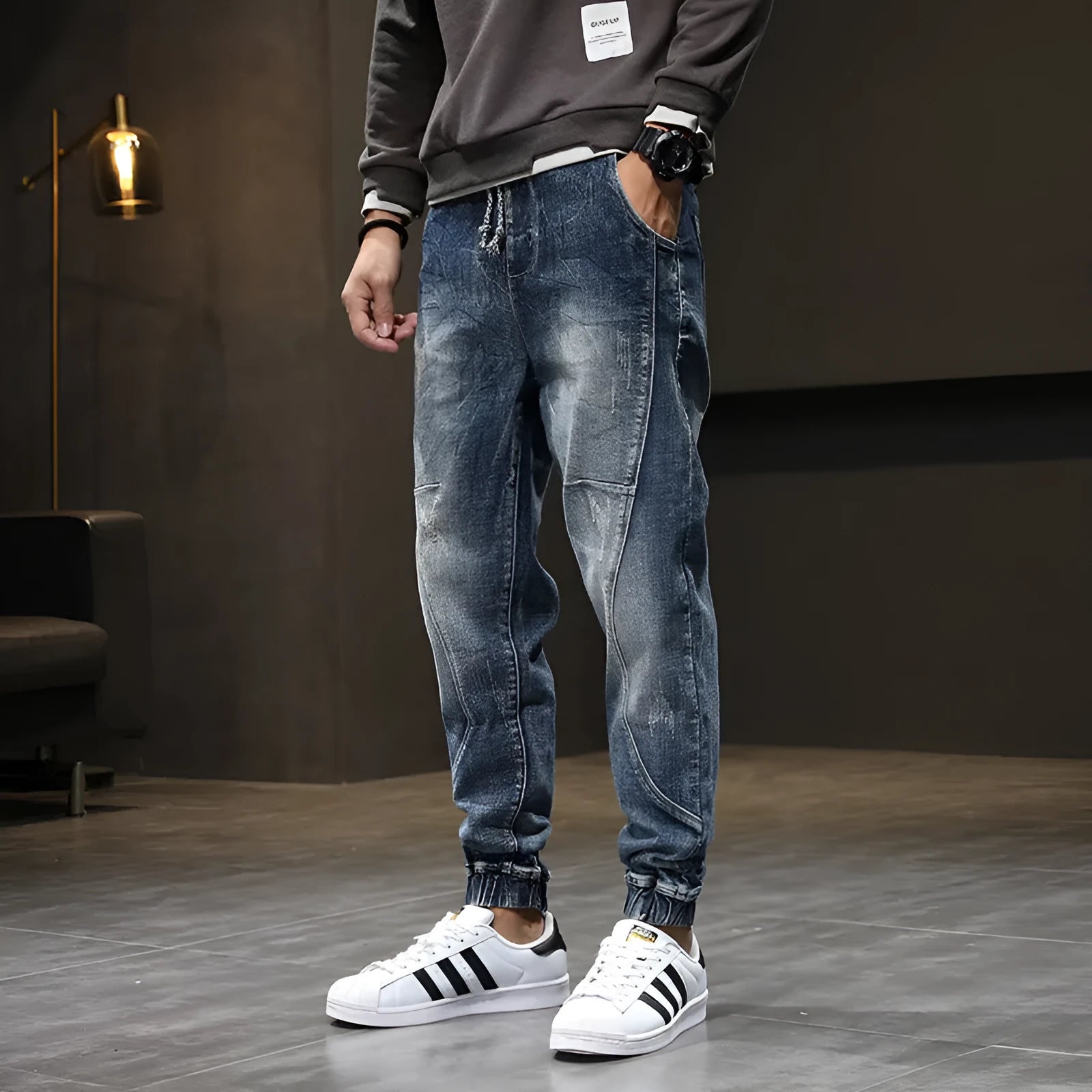 Men's plus velvet stretch slim casual jeans in blue, cotton with non-iron finish, mid-rise tether closure