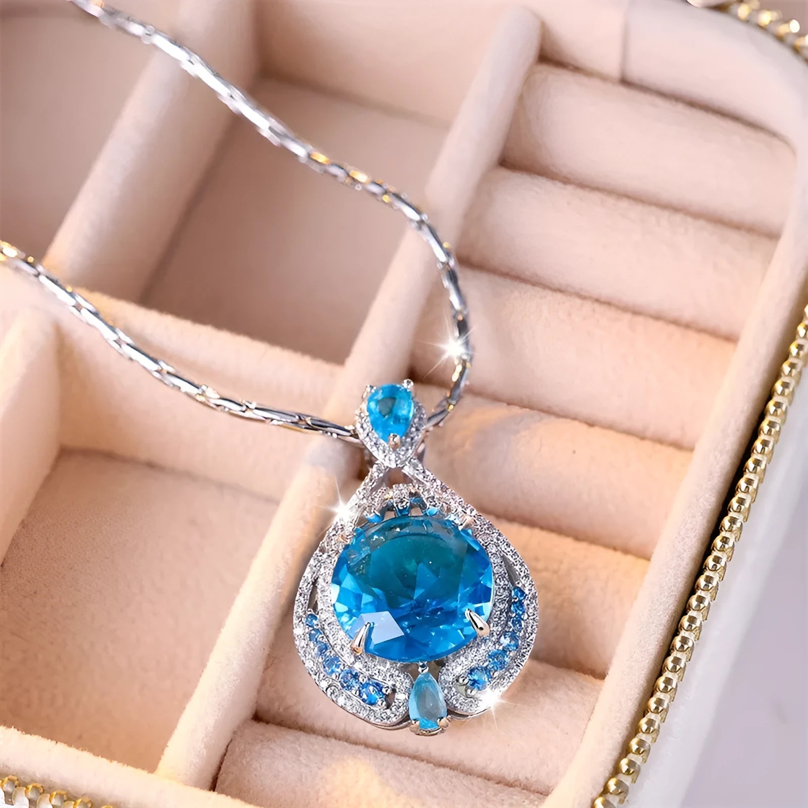 Blue crystal geometric pendant necklace with water wave chain for women
