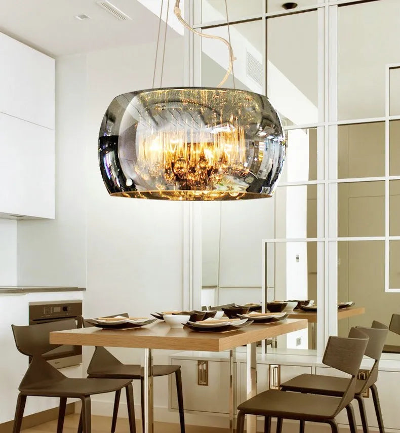 Modern minimalist LED ceiling chandelier with smoky gray glass cover for living room dining room