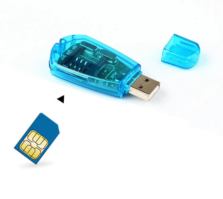 Blue external USB 2.0 mobile phone SIM card reader on a white background.
