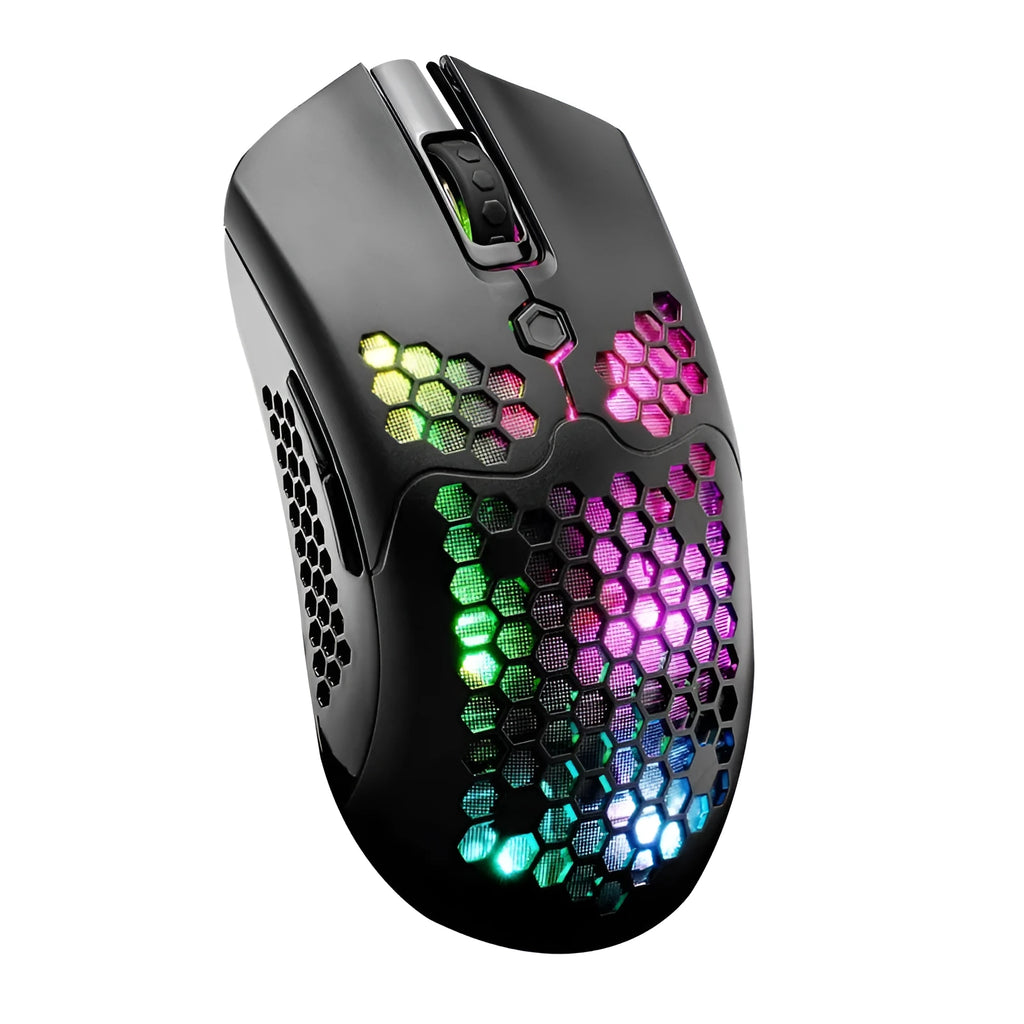 Free Wolf X2 wireless gaming mouse with RGB lighting in black, green, pink, white, or yellow colour options.