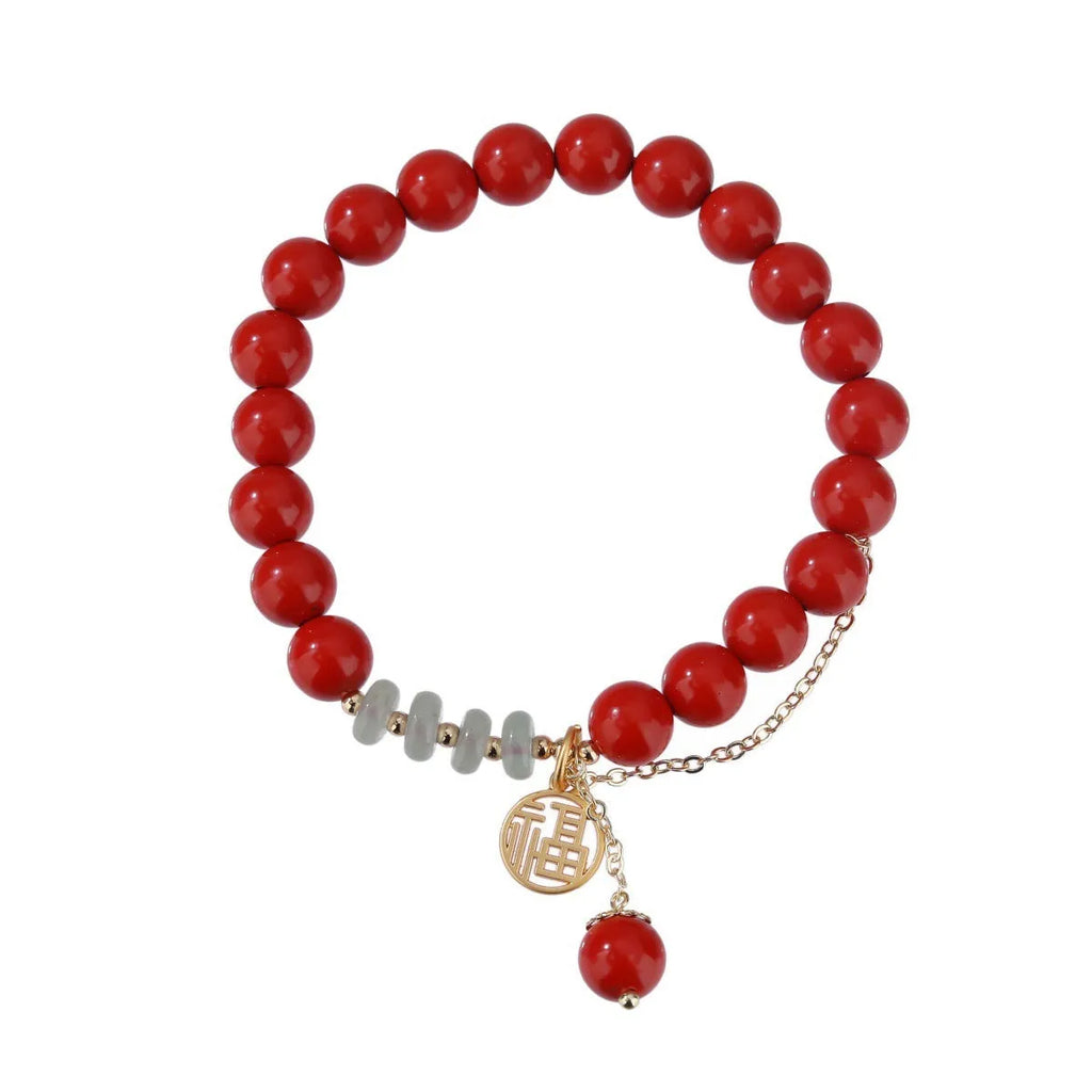 Retro women's red sand cinnabar bracelet with carved fu character and jade spacer