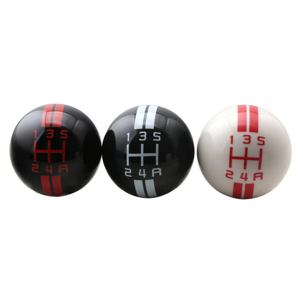 Black acrylic manual car gear head with 5-gear pattern showing red lettering and three installation screws