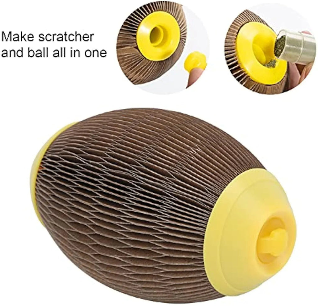 Elliptical corrugated paper catnip ball toy for cats with scratch surface and catnip cavity