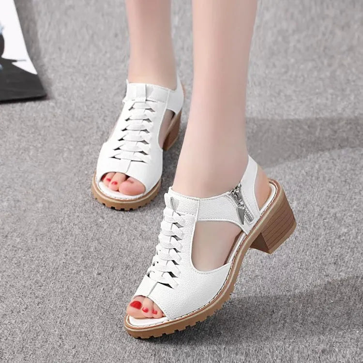 Women's retro sandals with side zip closure in black, creamywhite and white colour options