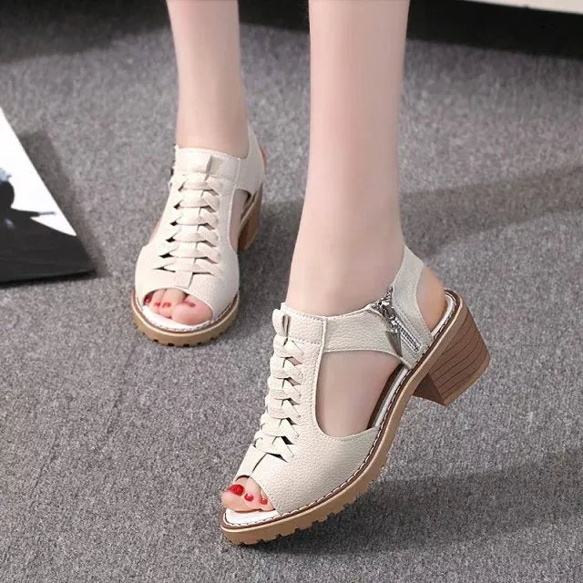 Women's retro sandals with side zip closure in black, creamywhite and white colour options
