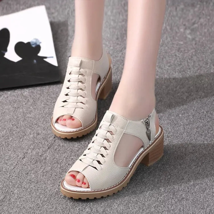 Women's retro sandals with side zip closure in black, creamywhite and white colour options