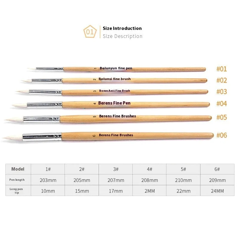 Six wooden hook line pen brushes with pointed tips for calligraphy and detailed artwork