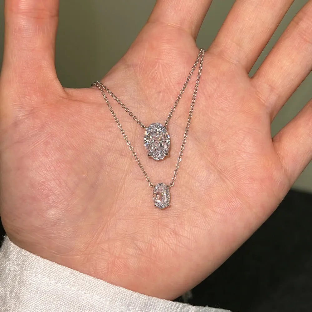 S925 sterling silver necklace with geometric oval ice flower pendant in gold or platinum finish