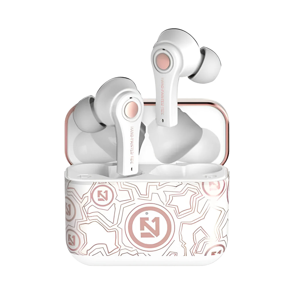 Black and white wireless Bluetooth headset with over-ear design.