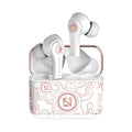 Black and white wireless Bluetooth headset with over-ear design.