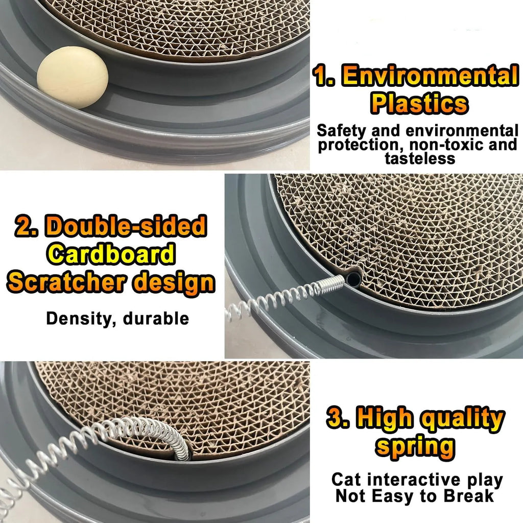 Circular cat scratcher toy with replaceable centre pad and ball track channel