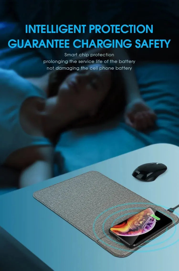 Foldable cloth phone holder with built-in wireless charging pad on a desk.