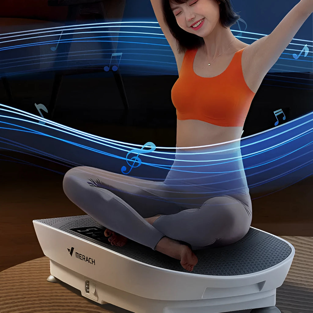 Portable grey smart power plate MR-2398 with dimensions 58x38x16cm showing Bluetooth connectivity and US electrical plug
