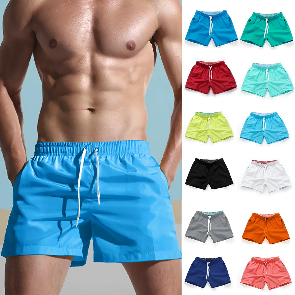 Men's straight leg beach shorts in polyester fabric available in multiple colours and sizes