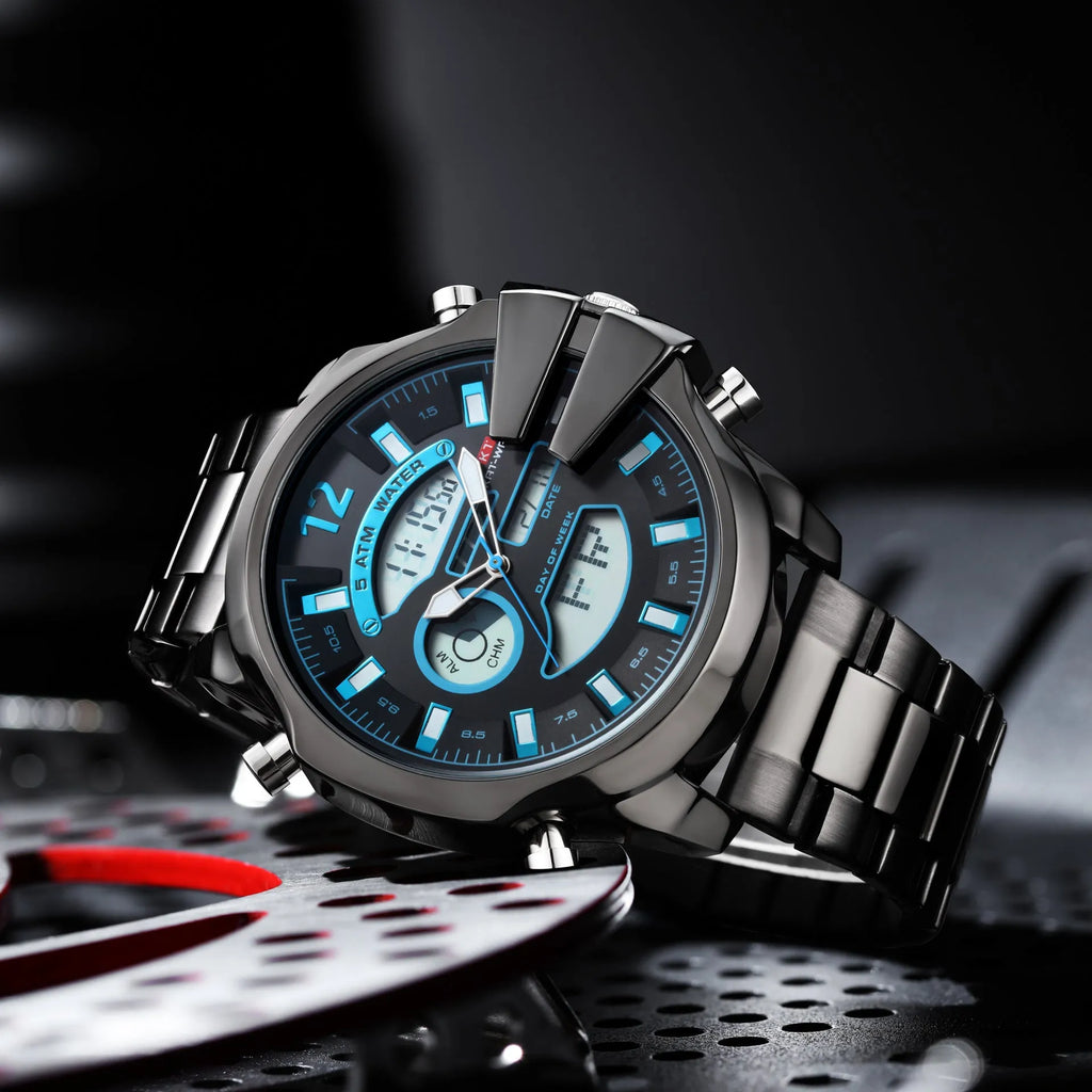 Men's dual display alarm LED sports watch with 55mm round mineral glass dial and stainless steel strap, black colour