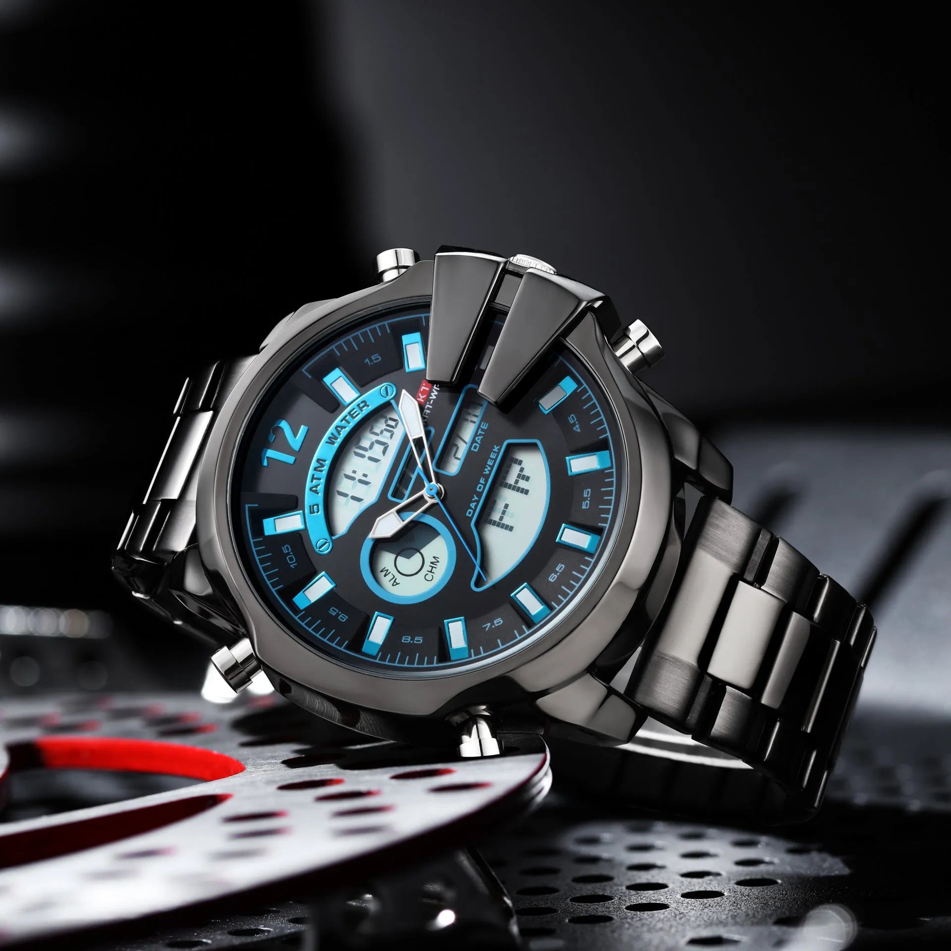 Men's dual display alarm LED sports watch with 55mm round mineral glass dial and stainless steel strap, black colour